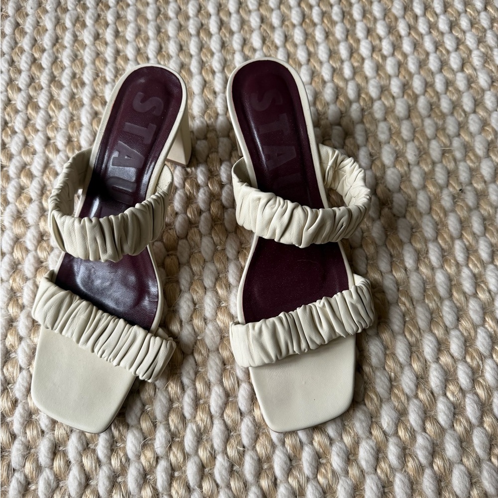 STAUD Cream Ruched Double-Strap Mules